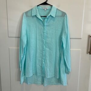 CHAUS New York Women Turquoise Linen Cotton Blend Tunic‎ Shirt Size M